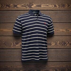 Polo Ralph Lauren Men’s Navy Blue Striped Polo Shirt Red Pony Logo Size XL